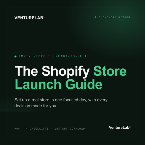 The Shopify Store Launch Guide cover: empty store to ready-to-sell in one day, VentureLab3 dark green guide cover.