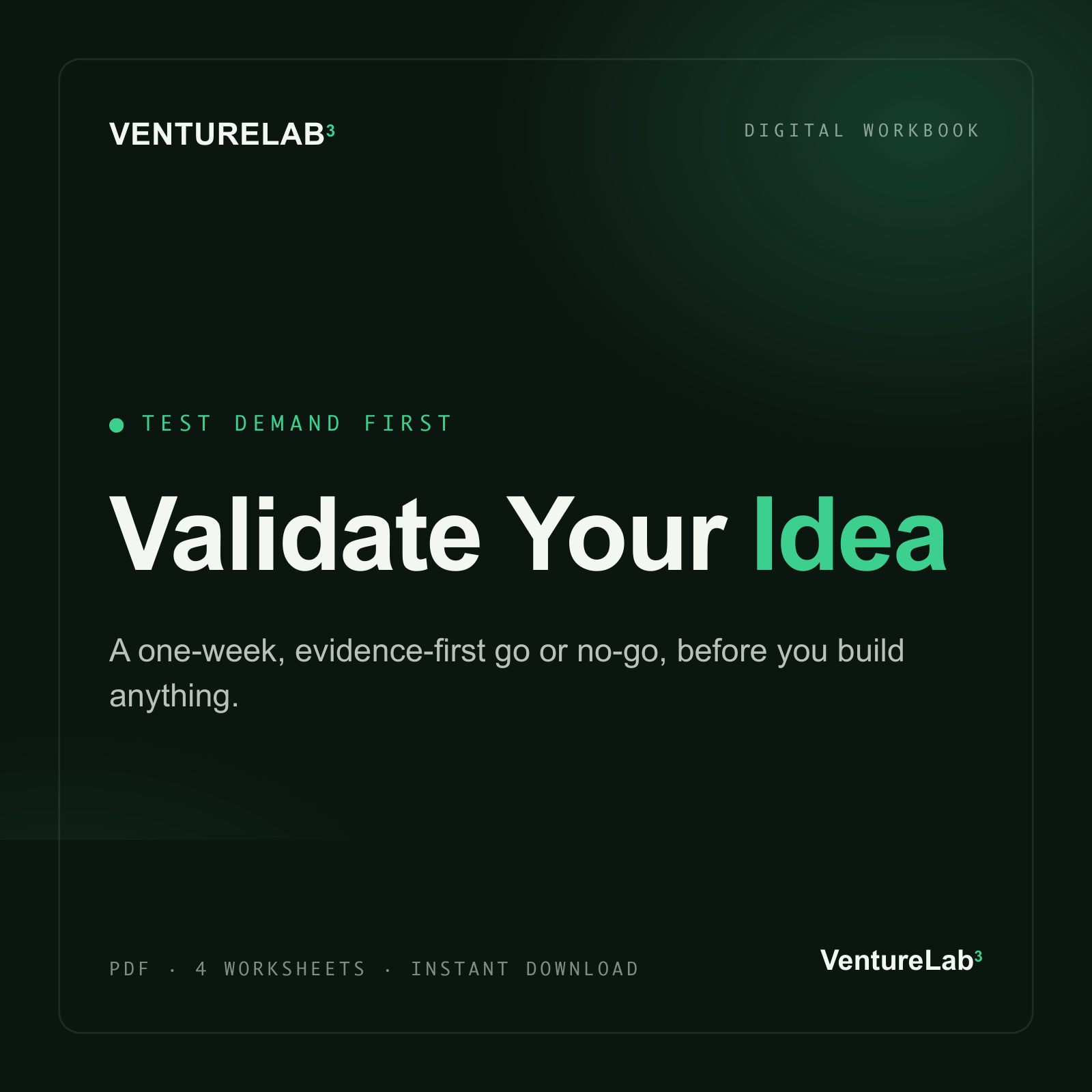 Validate Your Idea cover: a one-week evidence-first go or no-go, VentureLab3 dark green workbook.